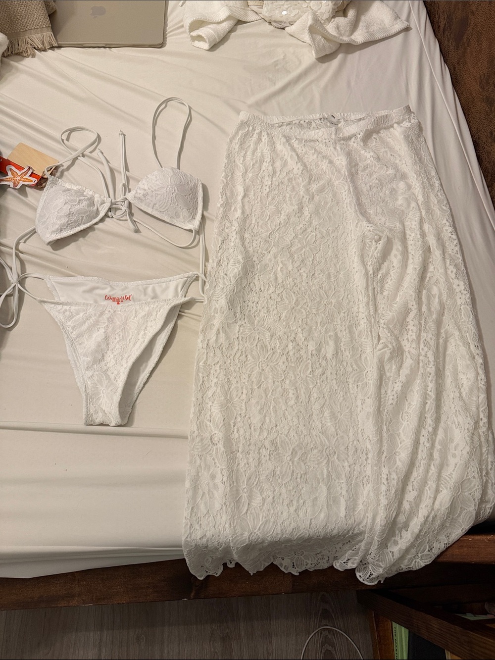 White Lace Bikini Set with Lace cover up pants - Women Swim
